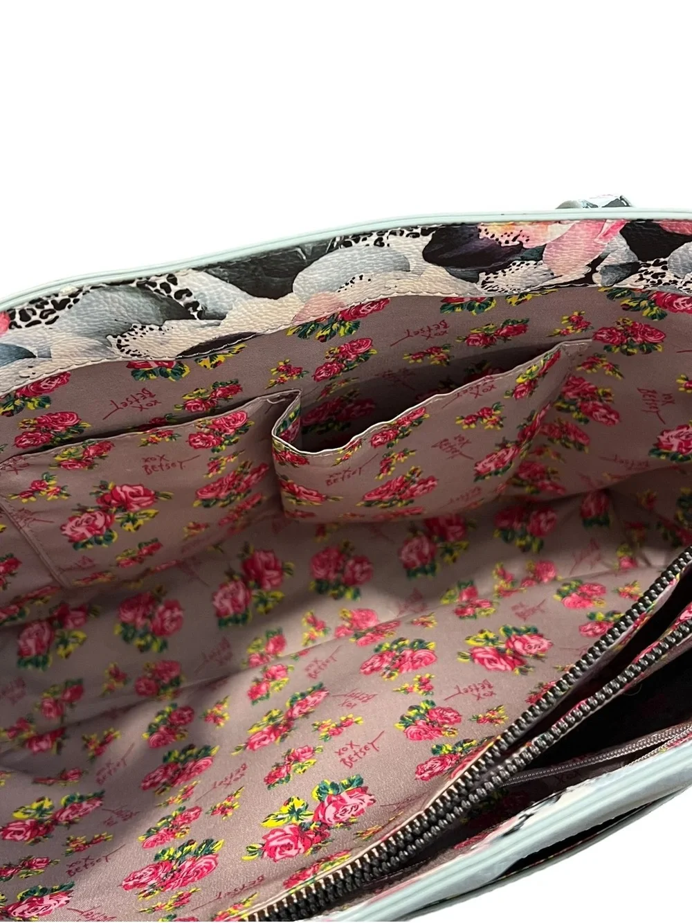 Betsey Johnson Leather Tote Bag Light Blue Floral Office Whimsical